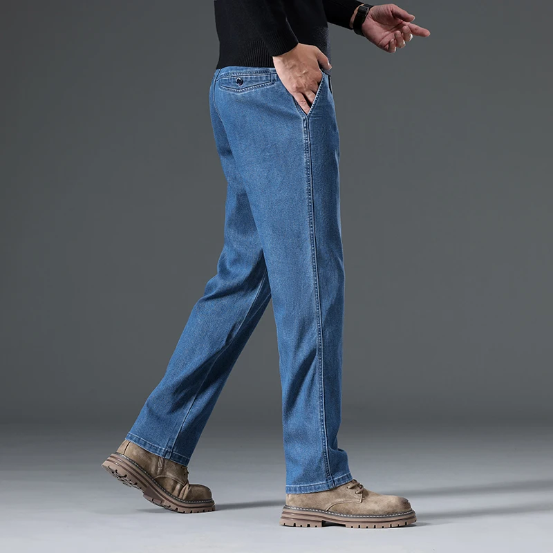 新しいビジネスメンズジーンズカジュアルストレートストレッチファッションクラシックスモークグレーワークデニムパンツメンズブランド服