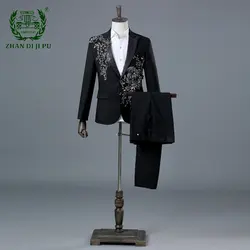 Temperament Gentleman Men's Suit Set Fashion Three Dimensional Marquetry Diamante Evening Dress Gorgeous Slim Groomsman Suits