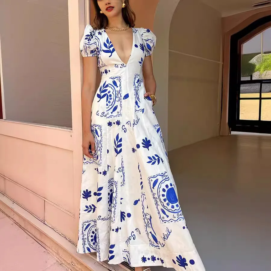 New 2024 Fashion Pattern Printed Party Dress Women's Elegant Puff Sleeves Slim Dresses Sexy Low Cut Deep V High Waist Long Dress