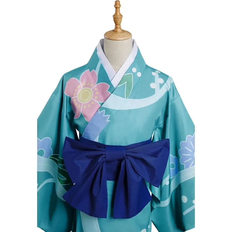 Anime Hashibira Inosuke Cosplay Patterned Blue Kimono Belt Outfit Adult Costume Japanese Uniform Halloween for Women view 5