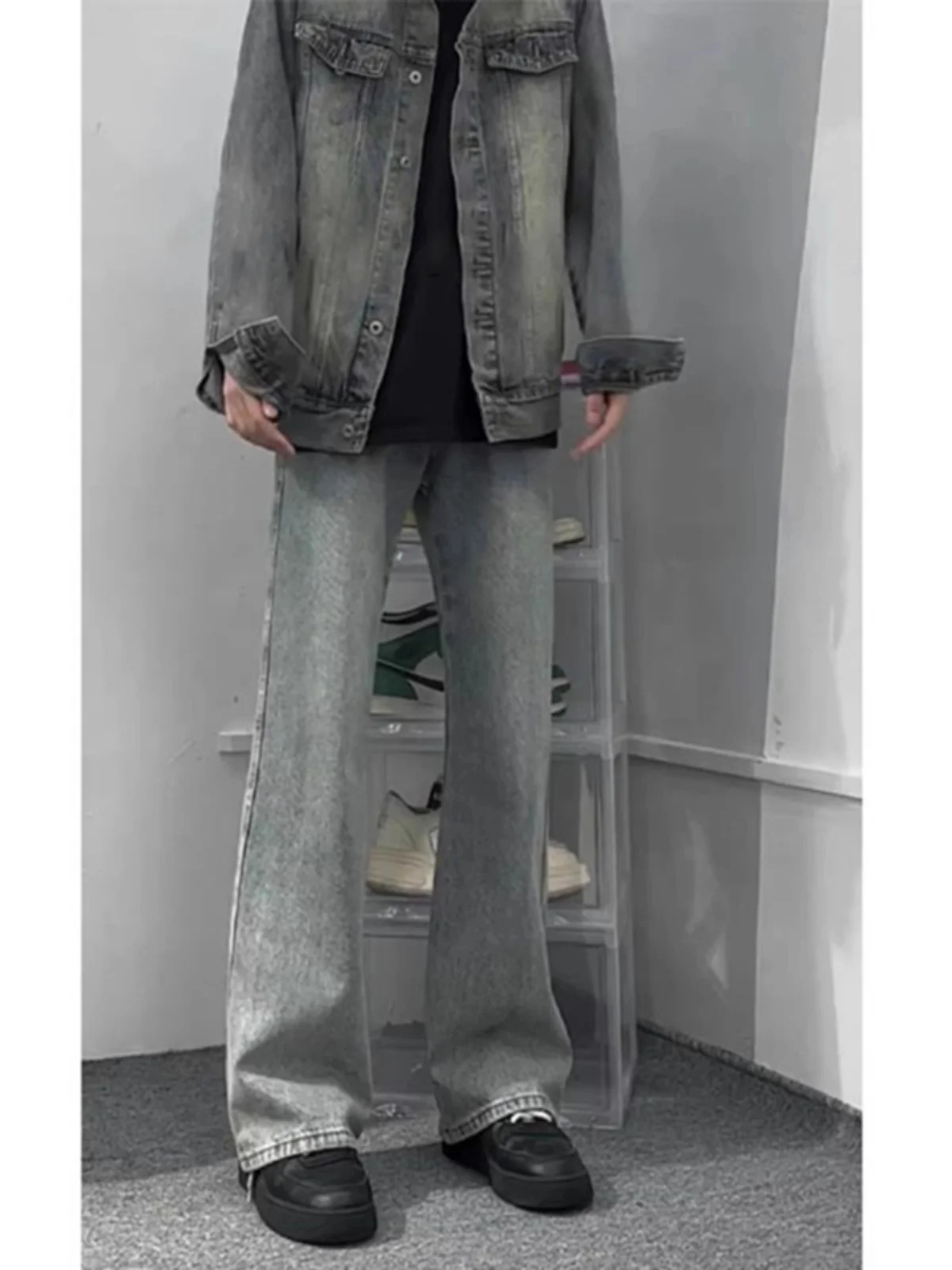 

e ey Fce Lined Straight Leg Men's Jeans Autumn Winter Sle American High Street Trendy Brand Cool Micro Flare Jeans