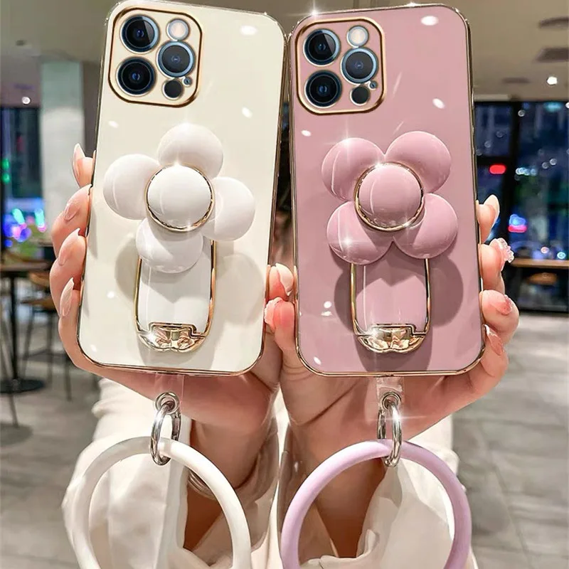 for Coque iPhone 15 Pro 15 Plus 14 Pro Max 13 12 11 XR X XS 7 8 Plus Release Stress Portable Rotating Flower Bracket Holder Case