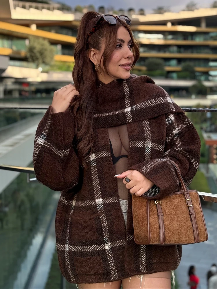 HH Elegante Sciarpa da Donna Decorazione Cardigan Lavorato a Maglia 2025 Donna Manica Lunga Sciarpa scozzese Colletto Texture Vintage Cappotti Lunghi