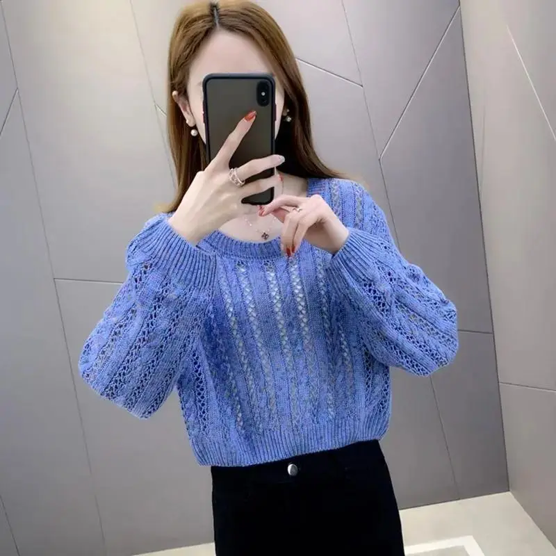 Short Hollow out Knitted Sweater Women's Compact Size Early Spring Base Layer Top with Short Skirt Commute Style Bright Thread