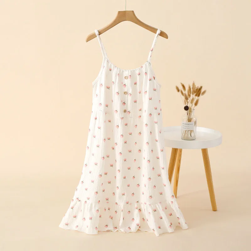 Cotton Crepe Slip Nightgown For Women Summer New Comfortable Sweatwicking Home Nightdress Oversized Simple Print Female Pajama