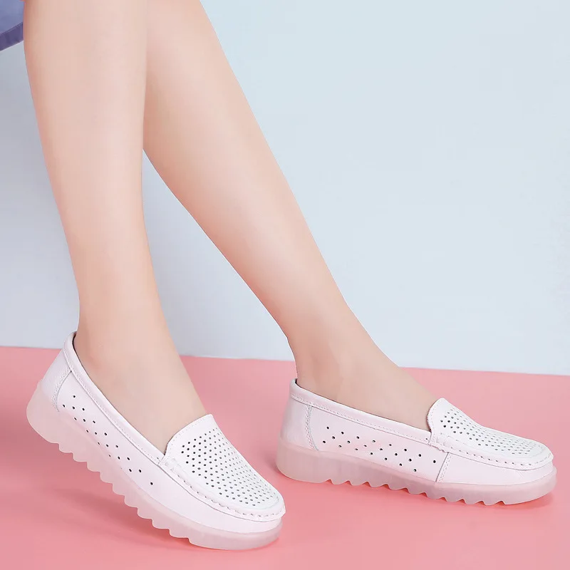 Frauen Schuhe Frühling Sommer Mode Weiß Wohnungen Schuhe Hohl Atmungsaktive Leder Loafer Komfort Plattform Krankenschwester Arbeit Schuhe WSH4639