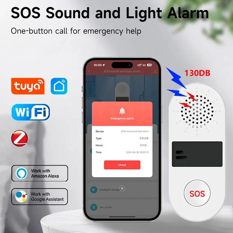 

Tuya WiFi 130 дБ Smart SOS Звуковая и световая сигнализация Однокнопочный вызов для экстренной помощи Приложение Дистанционное управление Домашняя сигнализация Система безопасности