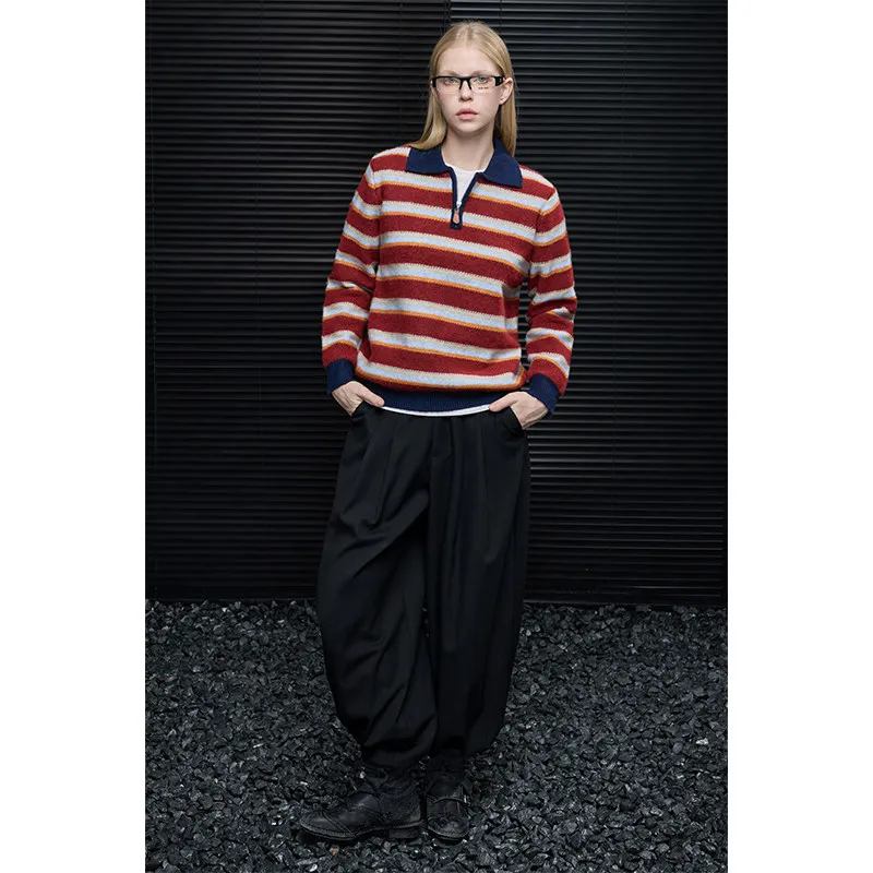 Red striped contrast sweater cashmere sweater new loose lazy wind high sense.