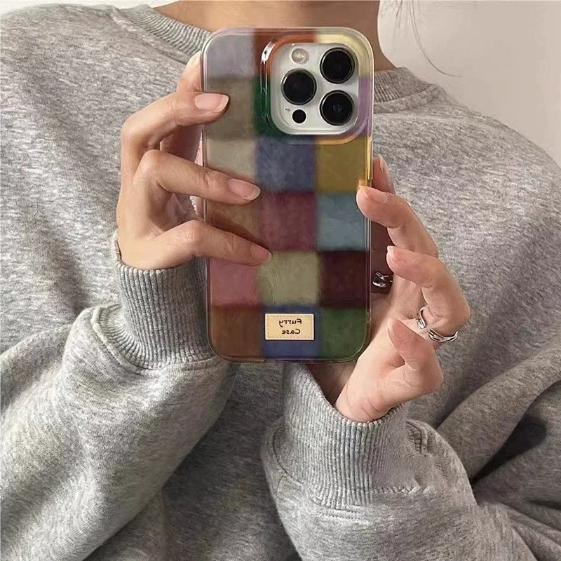 Cute Dopamine Color Block Match Plaid Phone Case For iPhone 16 15 14 13 12 Pro Max Checkered Shockproof Double Layer Women Cover