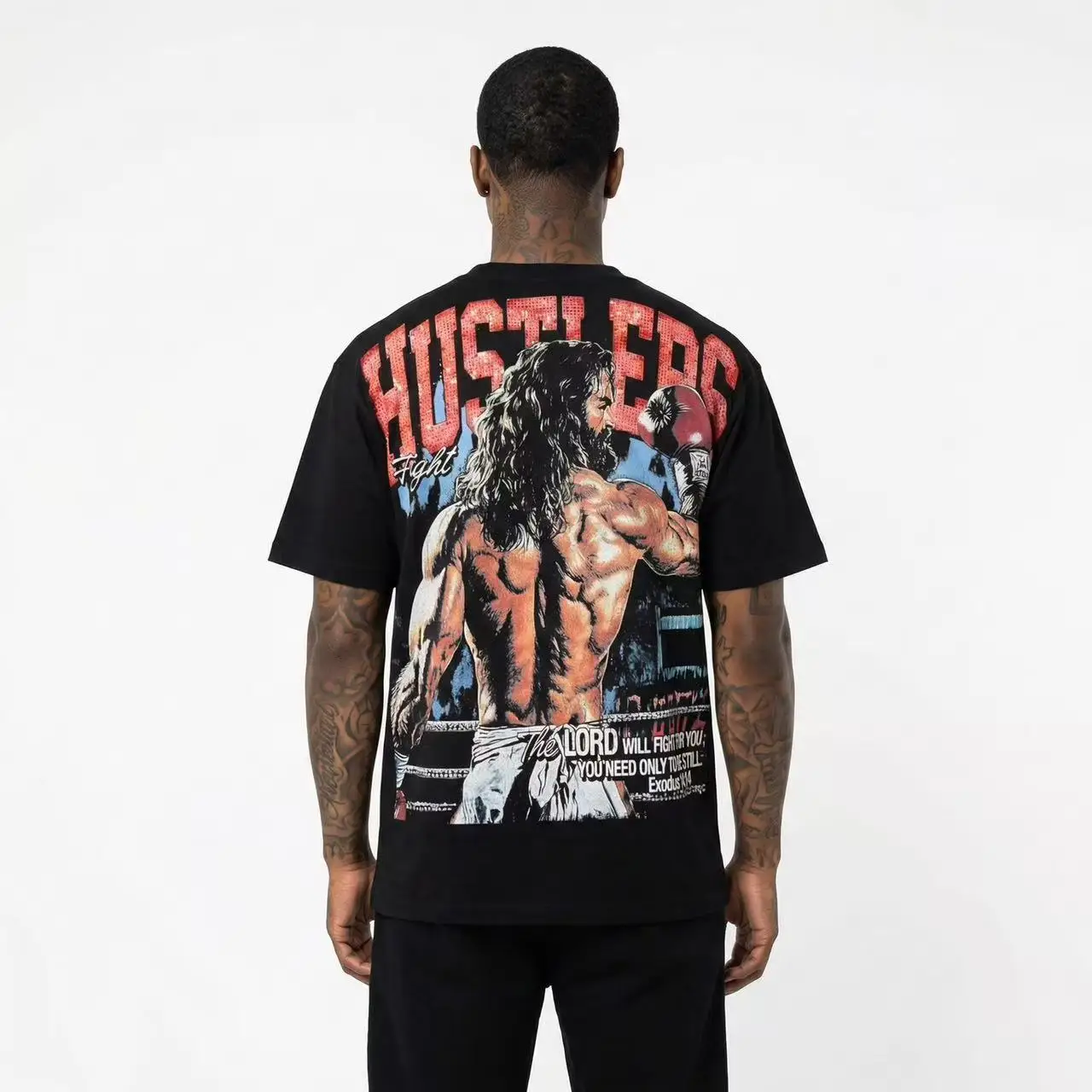 Vintage Boxing Match Print INS High Street Rhinestone Distressed Heavy Pure Cotton Short Sleeve T-shirt Streetwear Citywalk C...