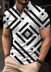 2025 Summer New Men's Shirt Fashion Stripe Print Short Sleeved Shirt Flip Collar Large Casual Shirt Men's Clothing Polo Shirts