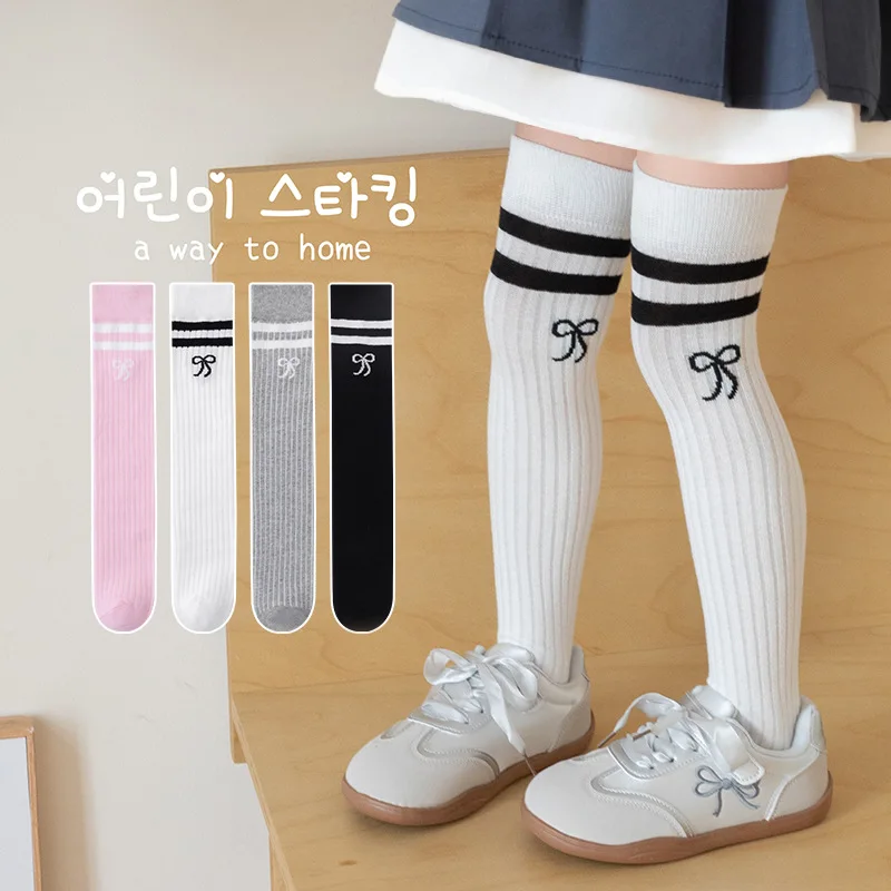 

42cm New Kids Knee High Socks with Bow Korean Japanese Style School Girl Cotton Leg Warmers for Baby Toddler Children Outfit