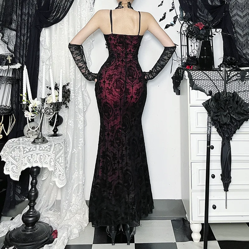 Dunkler Gothic-Stil, Y2k-beflocktes Leibchenkleid, 2023, Sommer, neue sexy Abendparty-Outfits, heißes Mädchen, schlanke Mode, lange Kleider für Damen