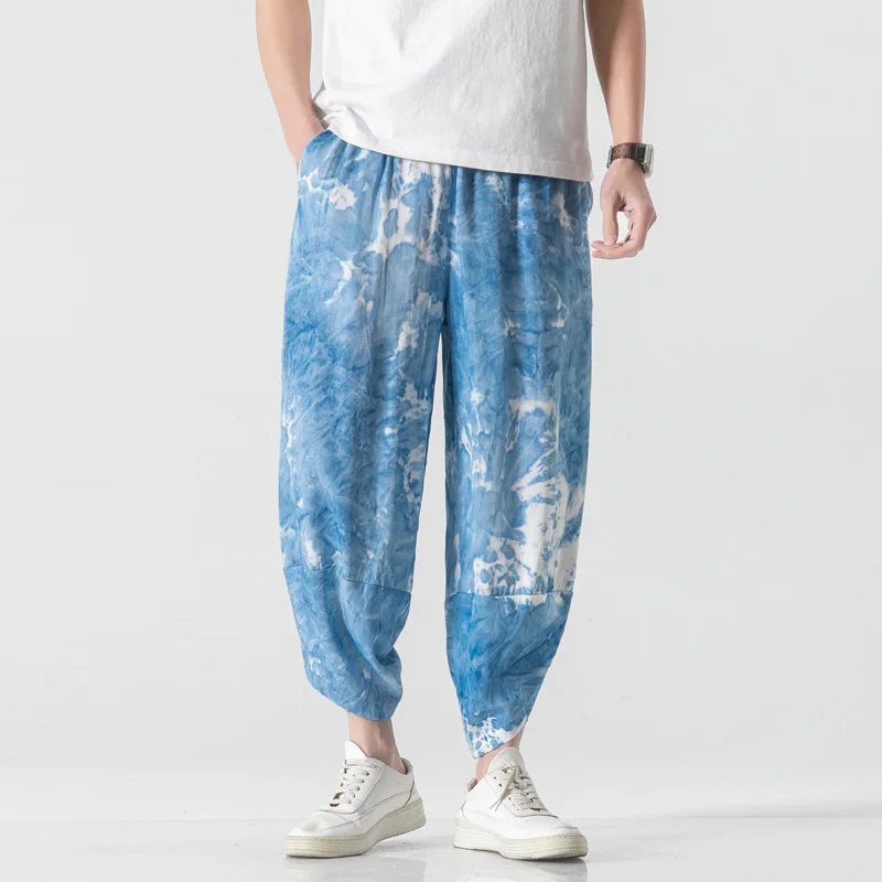 

2024 Summer New Harem Pants Men Ice Silk Tie Dye Elastic Wasit Thin Loose Casual Ankle Length Tapered Trousers Plus Size