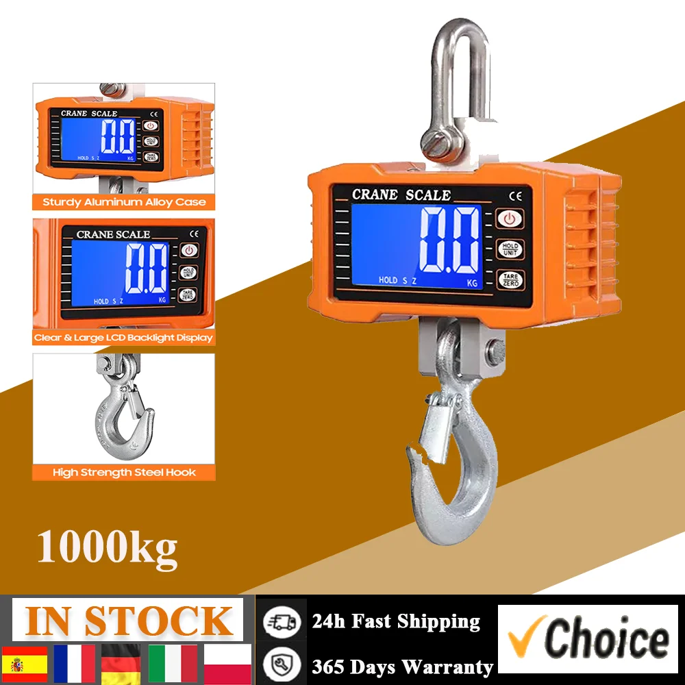 Digital Hanging Scale 1000kg/ 2204lbs Heavy Duty Crane Scale LCD Backlight Industrial Hook Scales Unit Change/ Data Hold/ Tare