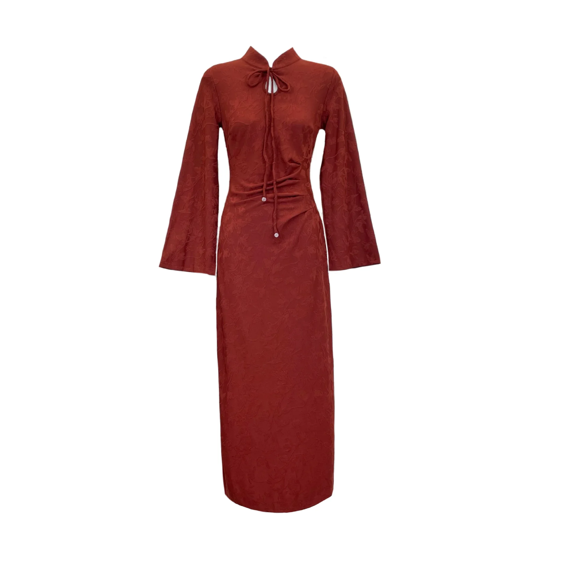 

Traditional Chinese Cheongsam Long Sleeves Ruched Embriodery Dress Red