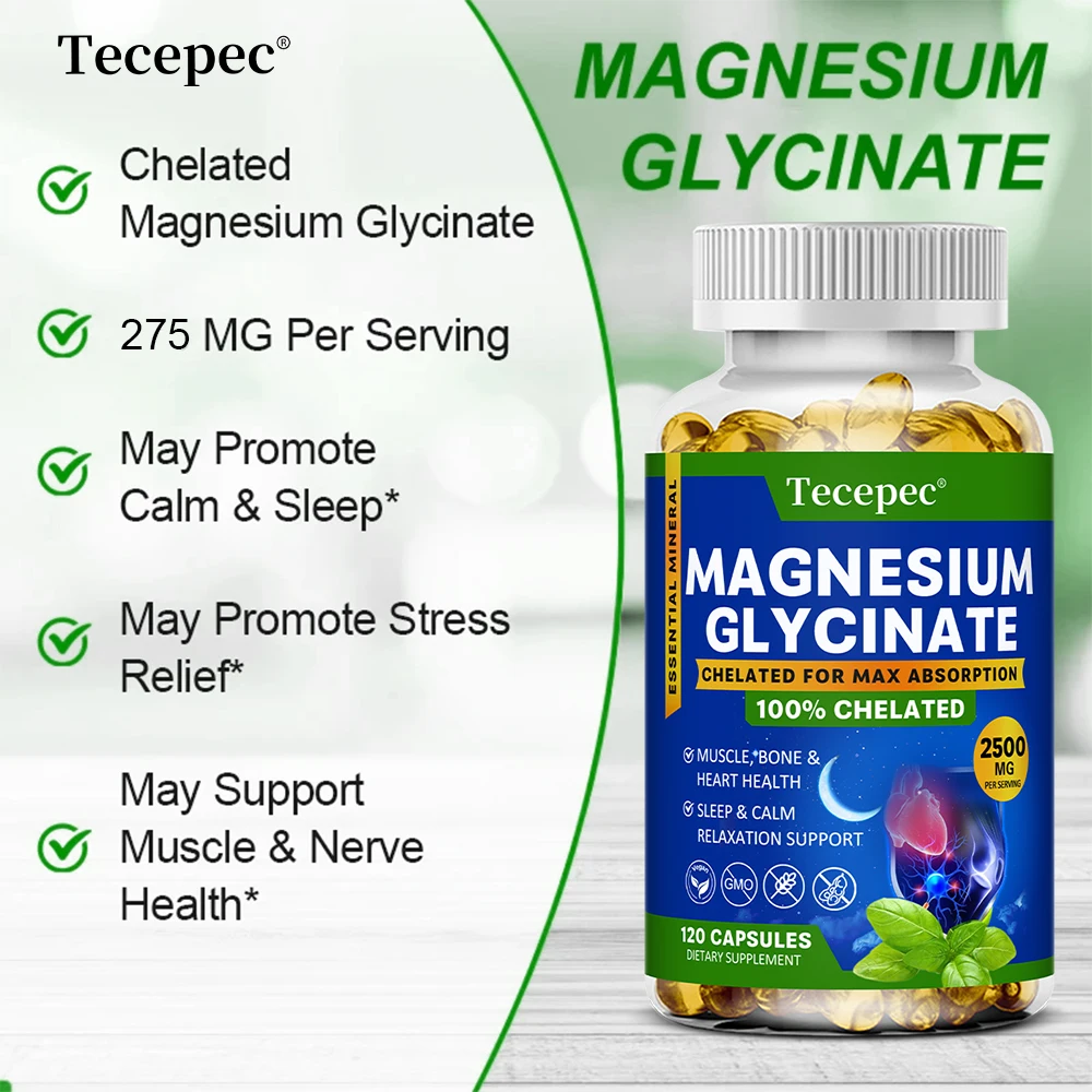Magnesium Glycinate Capsules 2500mg - Dietary Supplement for Muscle, Nerve, Bone and Heart Support - Gluten Free, Non-GMO