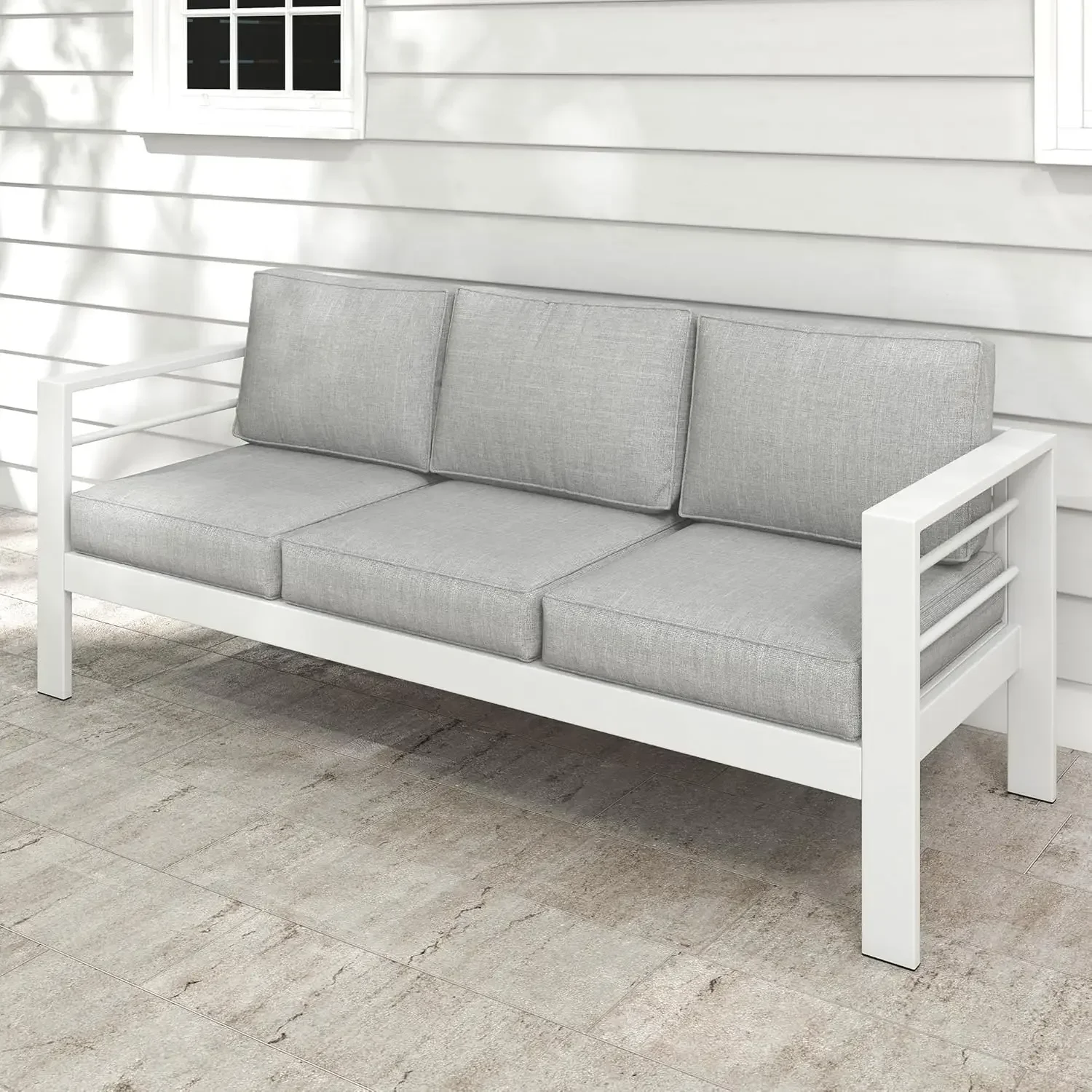 

Диван для патио, алюминиевый уличный диван с 3 сиденьями, всепогодный металлический уличный диван с толстой 5-дюймовой и мягкой подушкой, современный