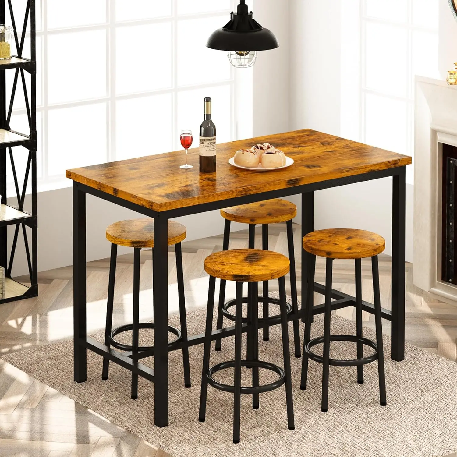 Bar Table and Chairs Set Industrial Counter Height Pub with 4 Chairs Bar Set 5 Pieces Dining Set Home Kitchen