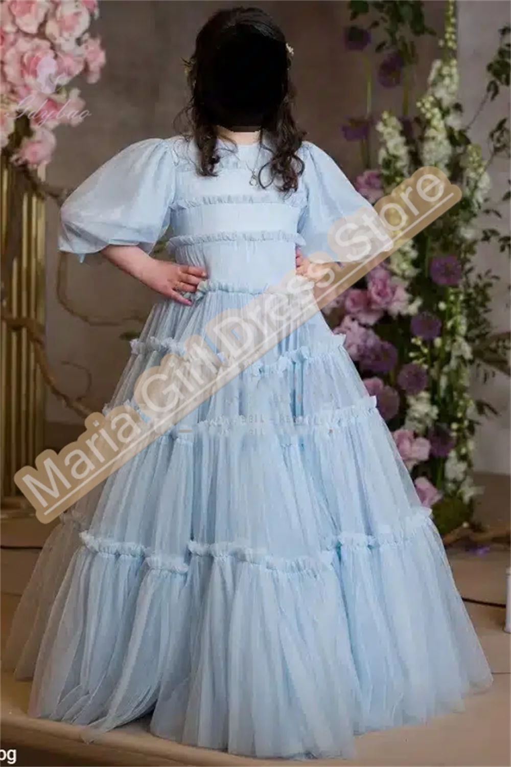 

Custom Light Blue Elegant Bride Sisters New Flower Girl Dress Short Sleeve Round Neck Long First Communion Dress
