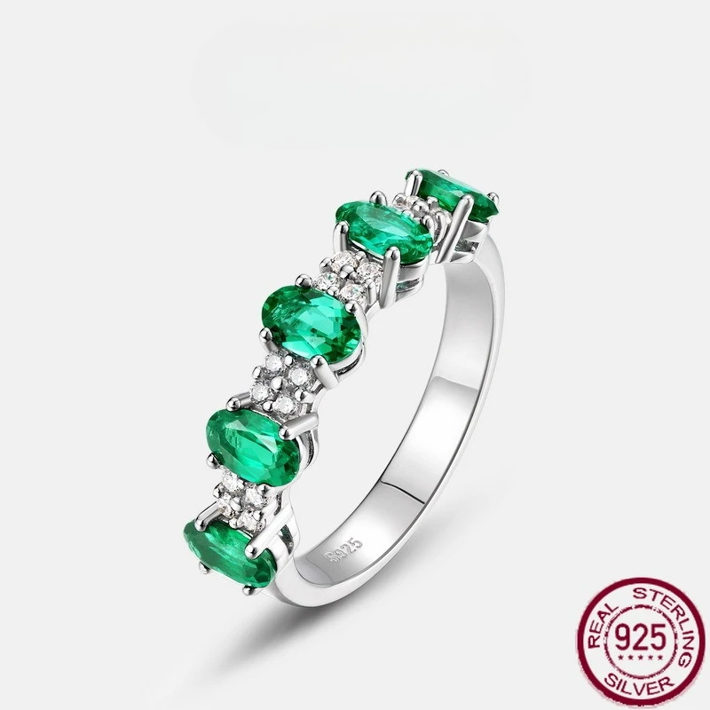 

New S925 pure silver single row diamond emerald inlaid gemstone high-end ring versatile wedding jewelry