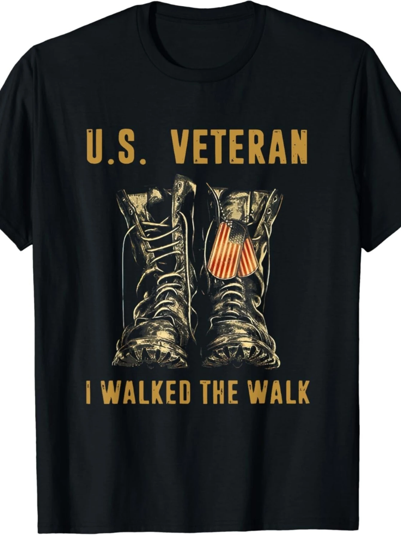 Camiseta para hombre Us I Walked the Walk - Negra con diseño de botas de combate doradas y placa de identificación, estilo insignia del Ejército de EE. UU., cómoda camiseta informal de manga corta con cuello redondo para el Día de los Veteranos, ropa de servicio militar, ajuste cómodo para todas las estaciones