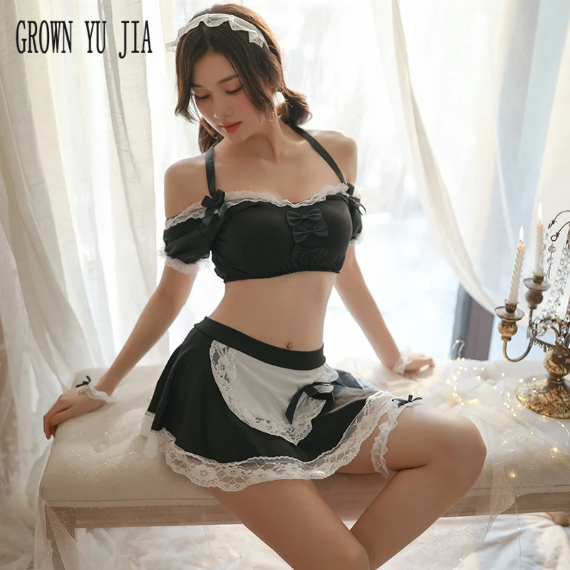 

Maid Outfit Cosplay Sexy French Maid Costume for Women Erotic Lingerie Bustier Neck One Shoulder Skirt Set Maidservant Uniform