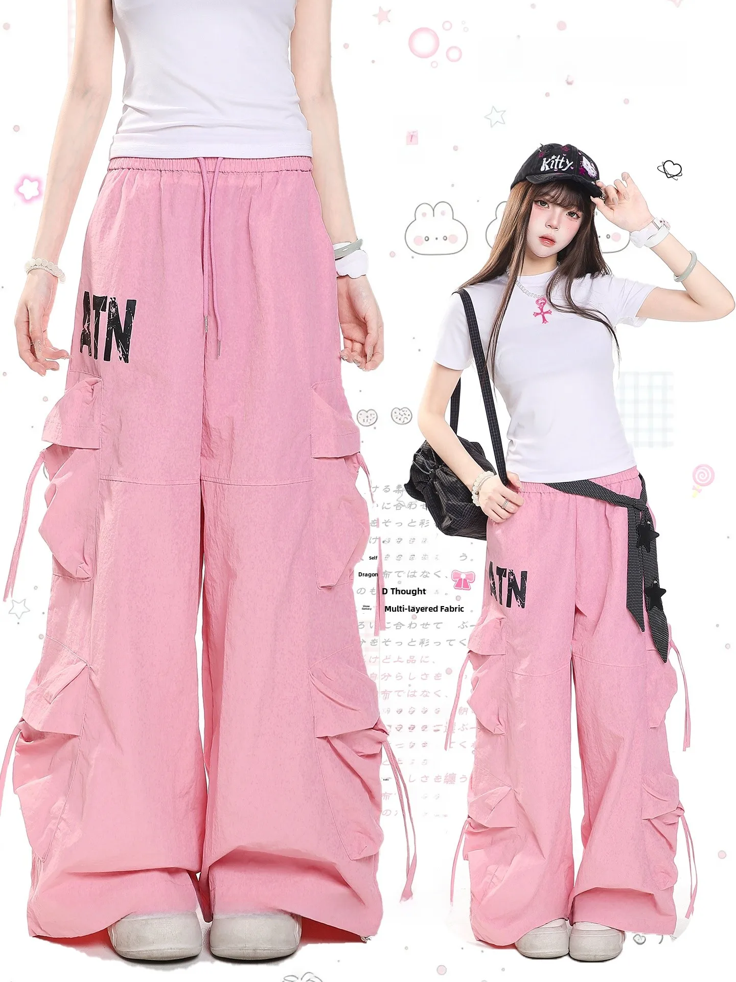 American Retro Letter Print Multi Pocket Casual Women Summer Slim High Waist Drapey Wide Leg Workwear Pants Straight Leg