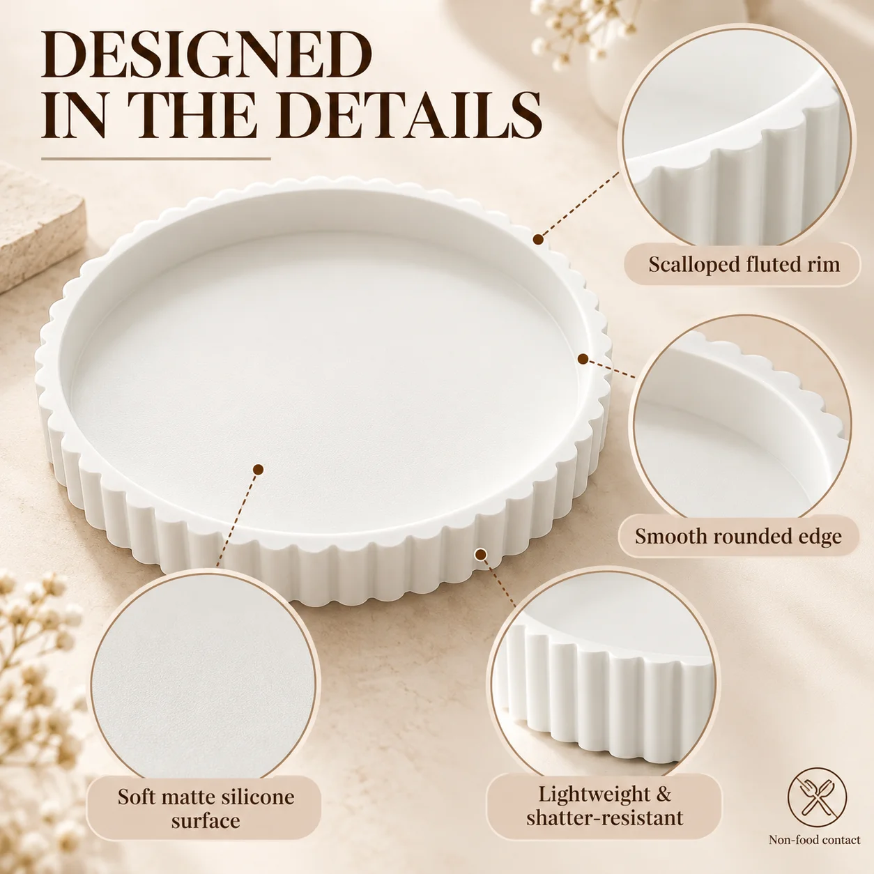 White Scalloped Edge Round Silicone Decor Tray,9.01 in Diameter Decorative Tray for Coffee Table and Kitchen Island Counter,Table Centerpiece Holder for Candles,Perfume and Vanity Supplies,Modern Home Decor Accent for Dining Room,Bathroom and Living Room