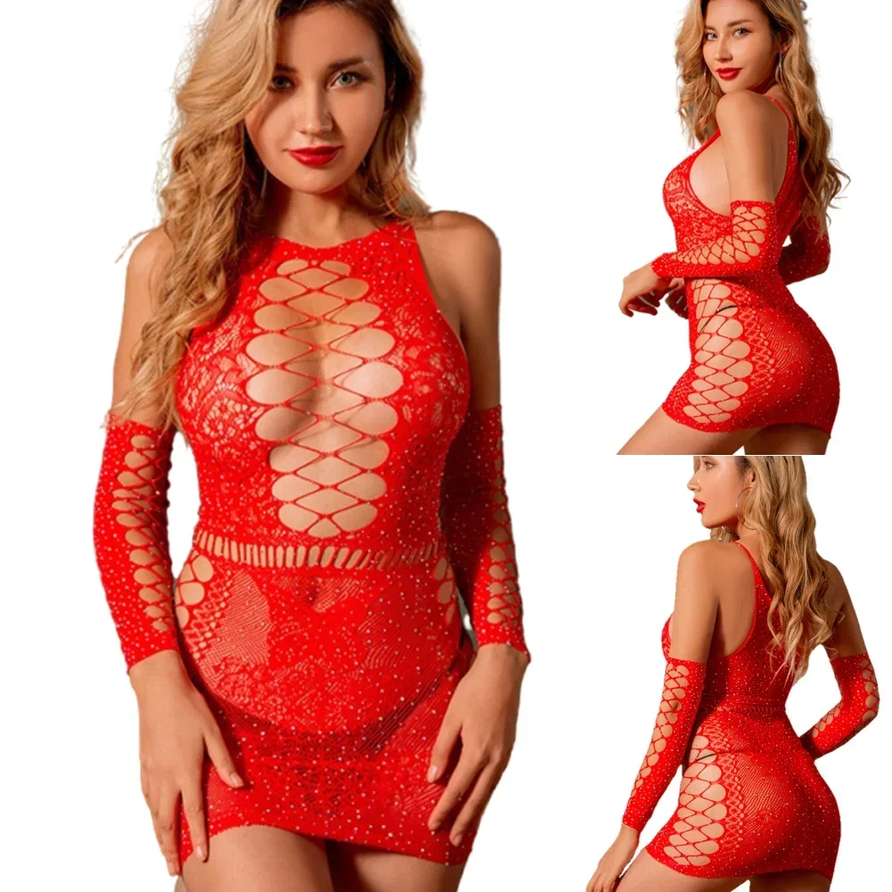 女性網タイツ下着セクシーなランジェリープラスサイズメッシュベビードール中空アウトドレスボンデージボディボディスーツセックスエロ衣装 2022