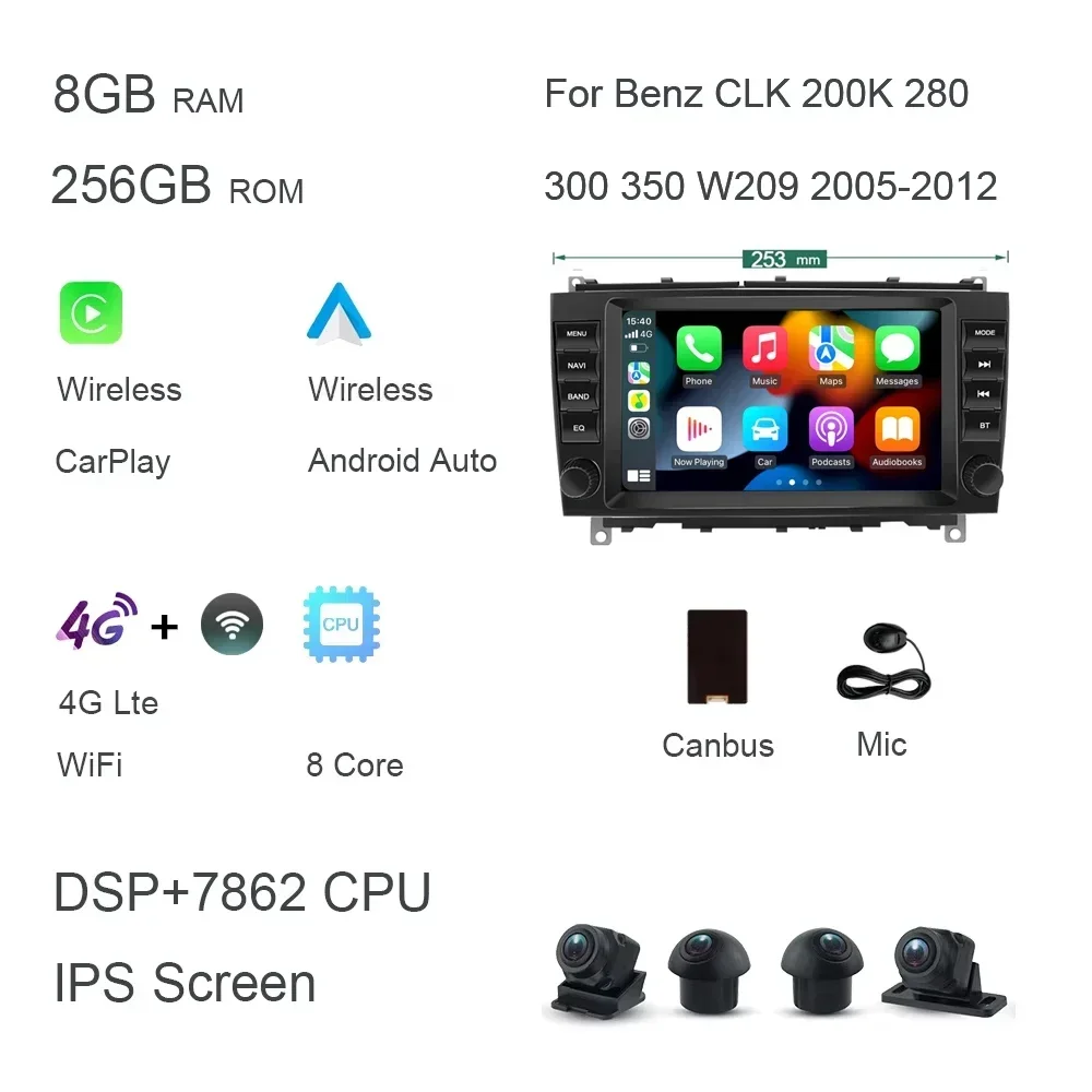 720P Carplay 8 "Android 14.0 8G + 256G Auto Dvd-speler Autoradio GPS navigatie Voor Benz CLK 200K 280 300 350 W209 2005-2012 Radio - afbeelding 1