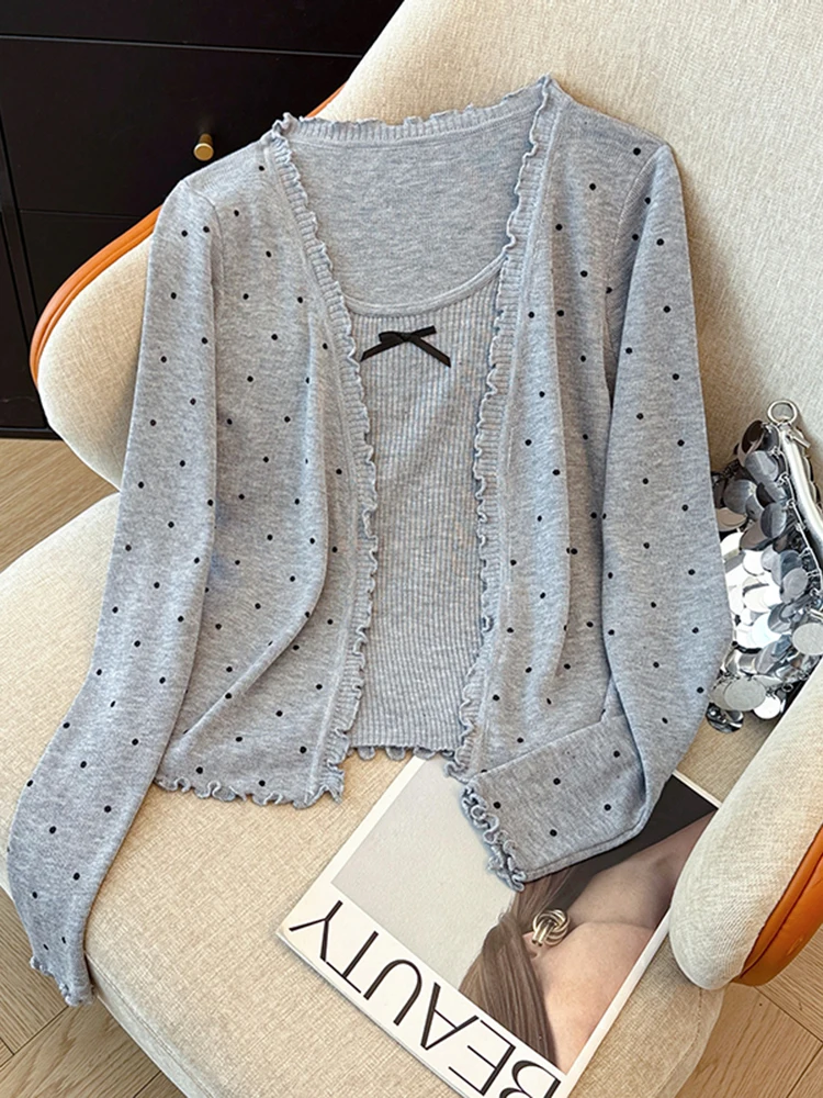 

Grey Polka Dot Knitted Open Cardigan Women's Spring New Thin Base Shirt Versatile Top Casual Style Regular Fit Long Sleeve