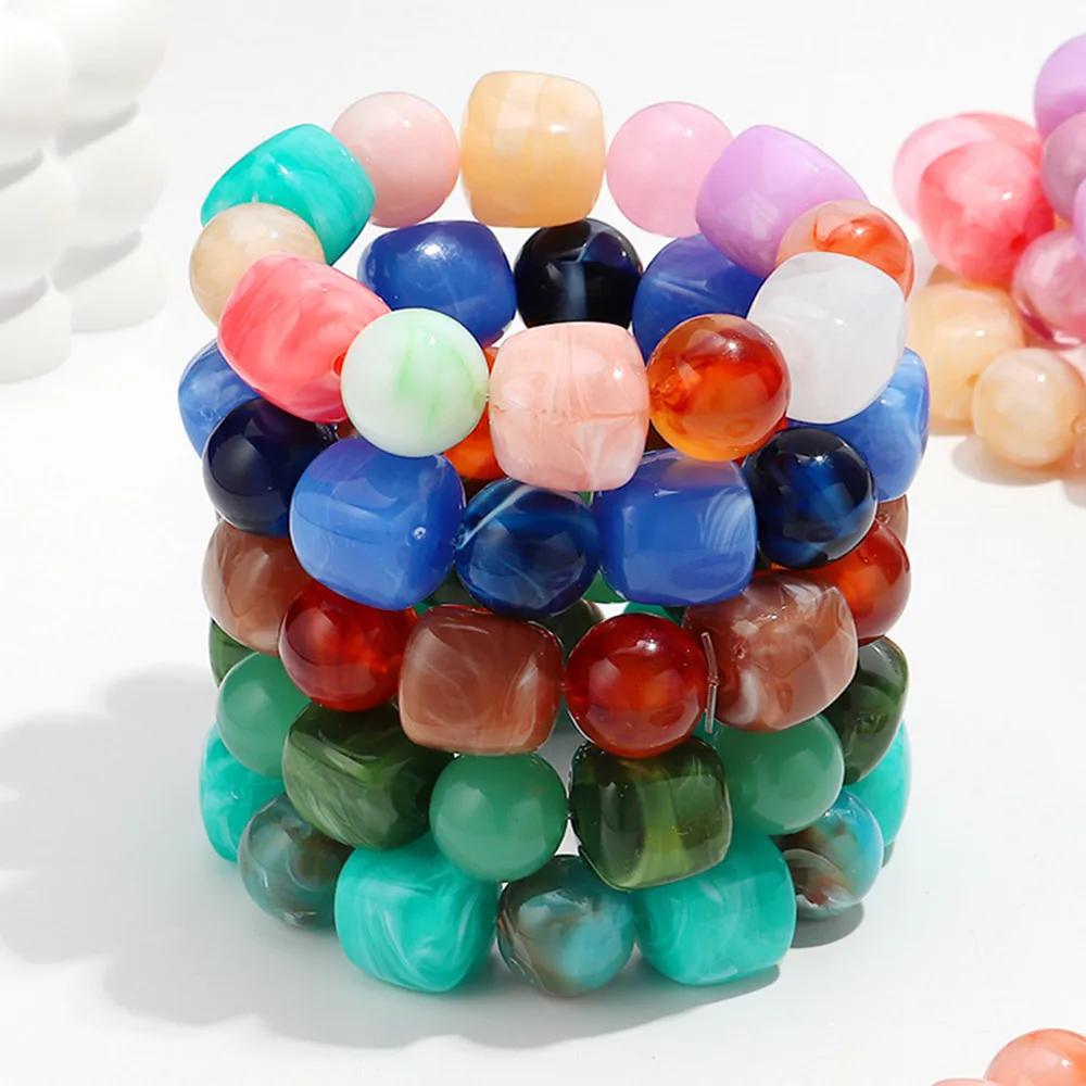 Bohemian Acryl Geometrische Quadratische Runde Perlen Elastische Armbänder für Frauen Trendy Harz Perlen Stapelbare Armband Armreif Schmuck – Detail 1