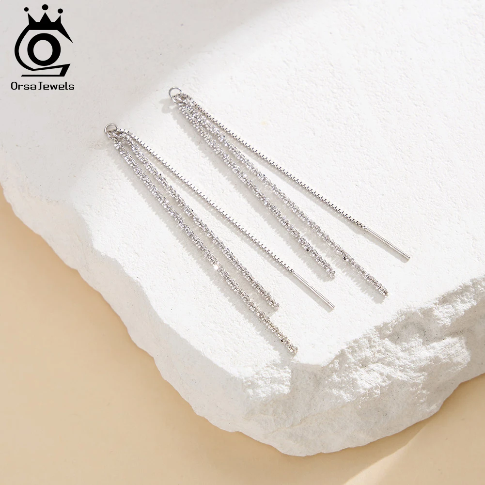 

ORSA JEWELS S925 Sterling Silver Ear Dangle Simple Long Tassel Chain Earrings Fashion Wedding Party Summer Fine Jewelry APE152