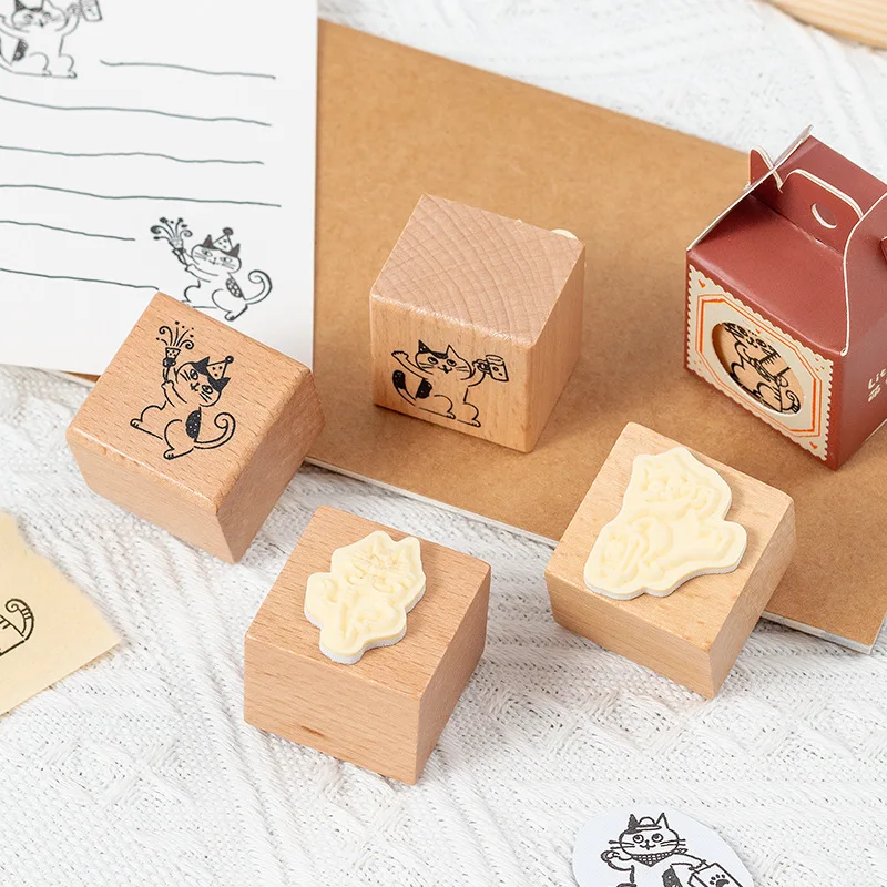 Wooden Rubber Stamps Animals Cat Patterns Stamps Set For DIY Craft Card Scrapbooking Supplies Photo Album Diary Decor