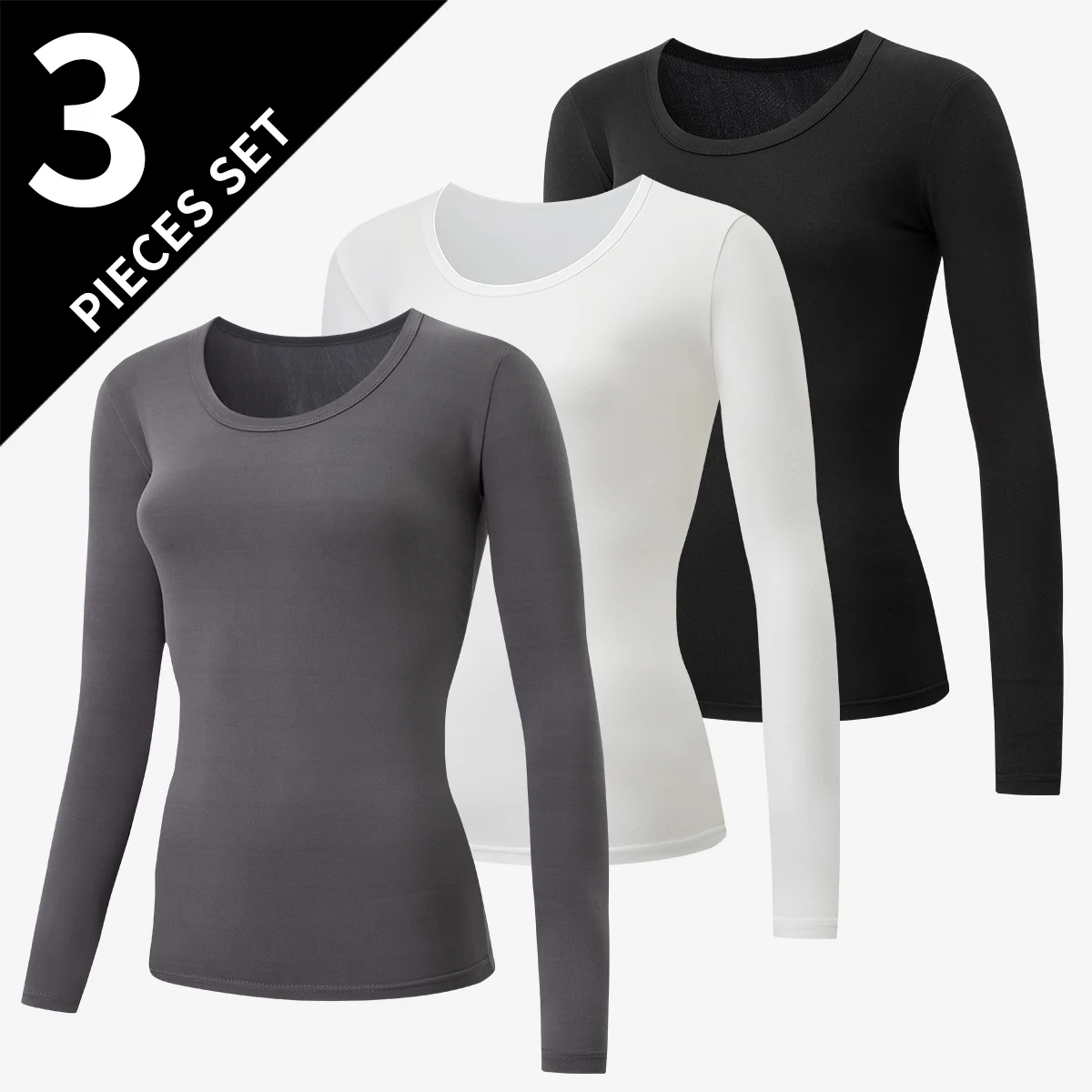 3-piece Set Of Autumn/Winter Women's Solid Color Classic Long Sleeved Base Shirt Comfortable Round Neck Casual T-shirt Warm Top