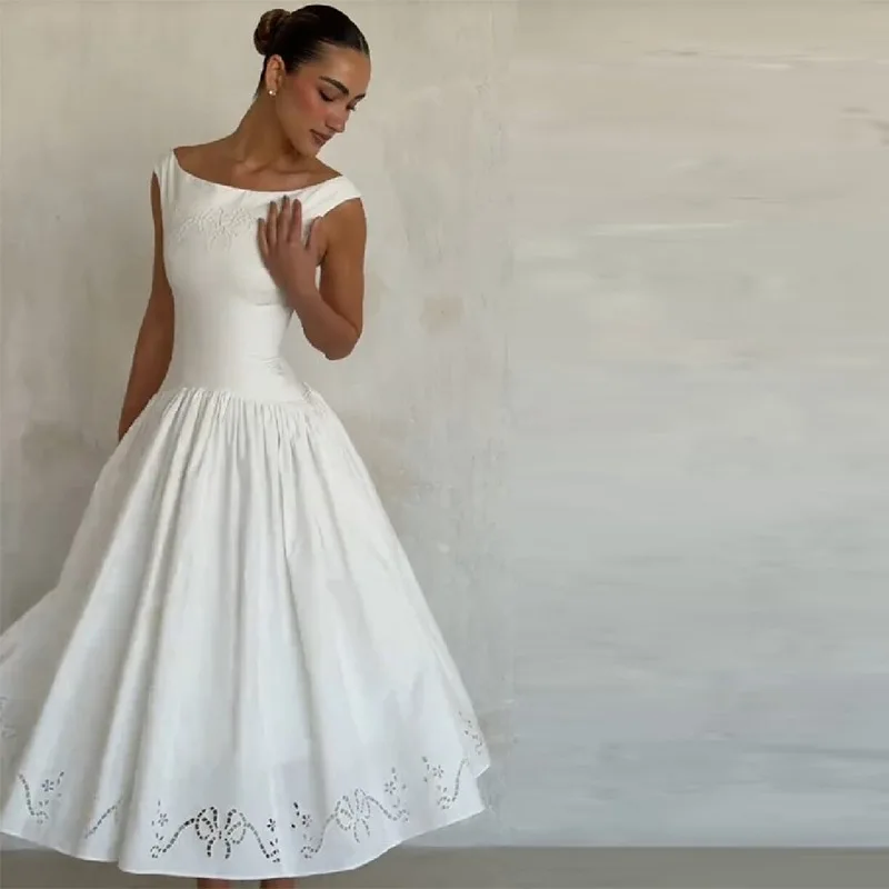 Minimalistisches weißes Midikleid mit U-Boot-Ausschnitt für Damen, elegantes A-Linien-Kleid mit Flare-Saum, Ösen-Stickerei, Vestido, Hochzeits- und formelles Partykleid