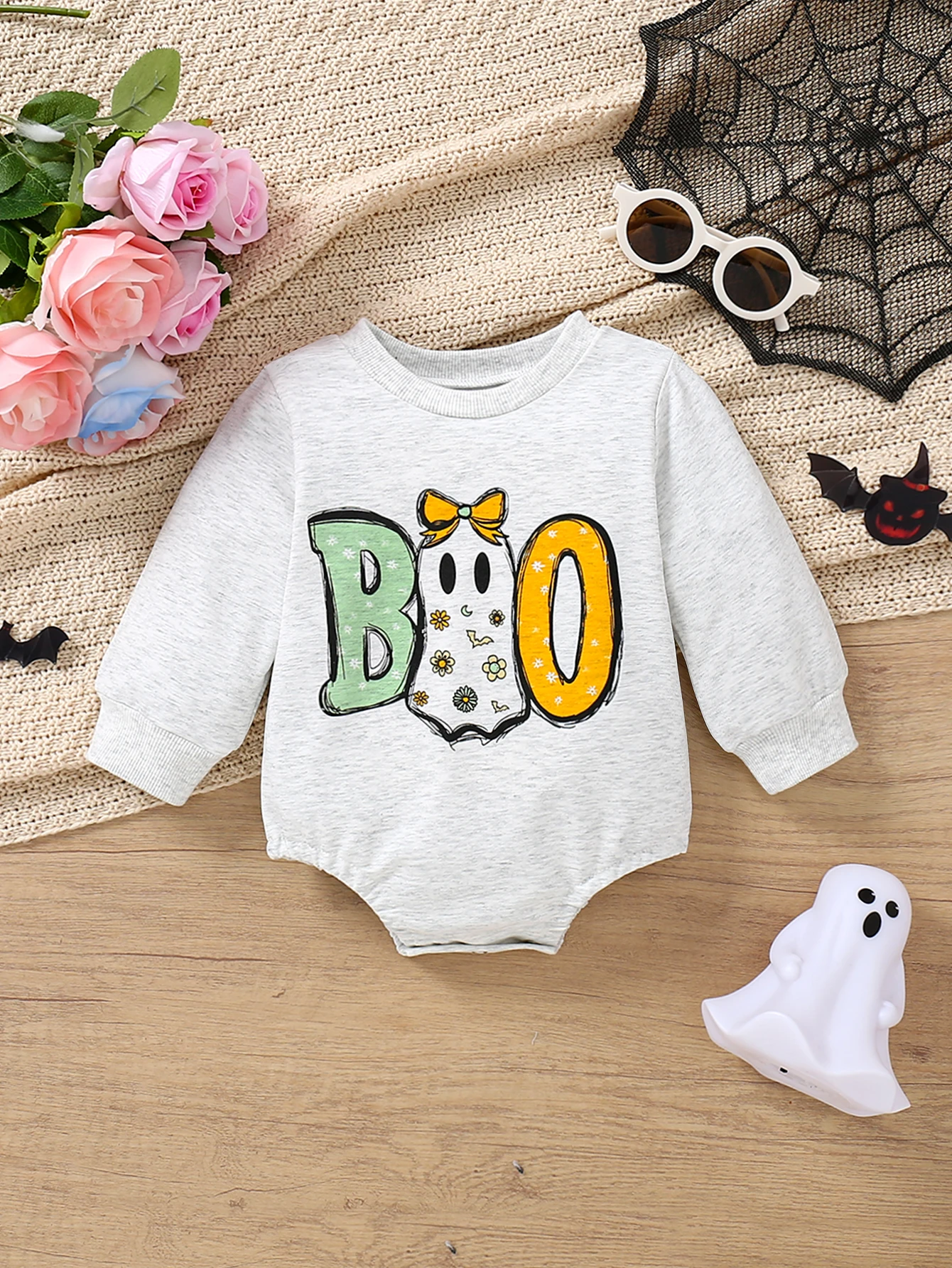 Halloween Autumn Cotton Newborn Cute Bodysuits O-Neck Long Sleeve Cartoon Printed ‘BOO’ Romper Pumpkin