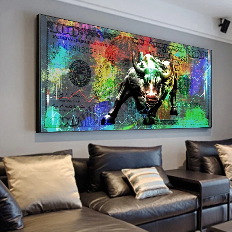 Graffiti One Hundred Dollar Canvas Painting Wall Street Charging Bull Money Motivation Poster Modern Home Living Room Decor