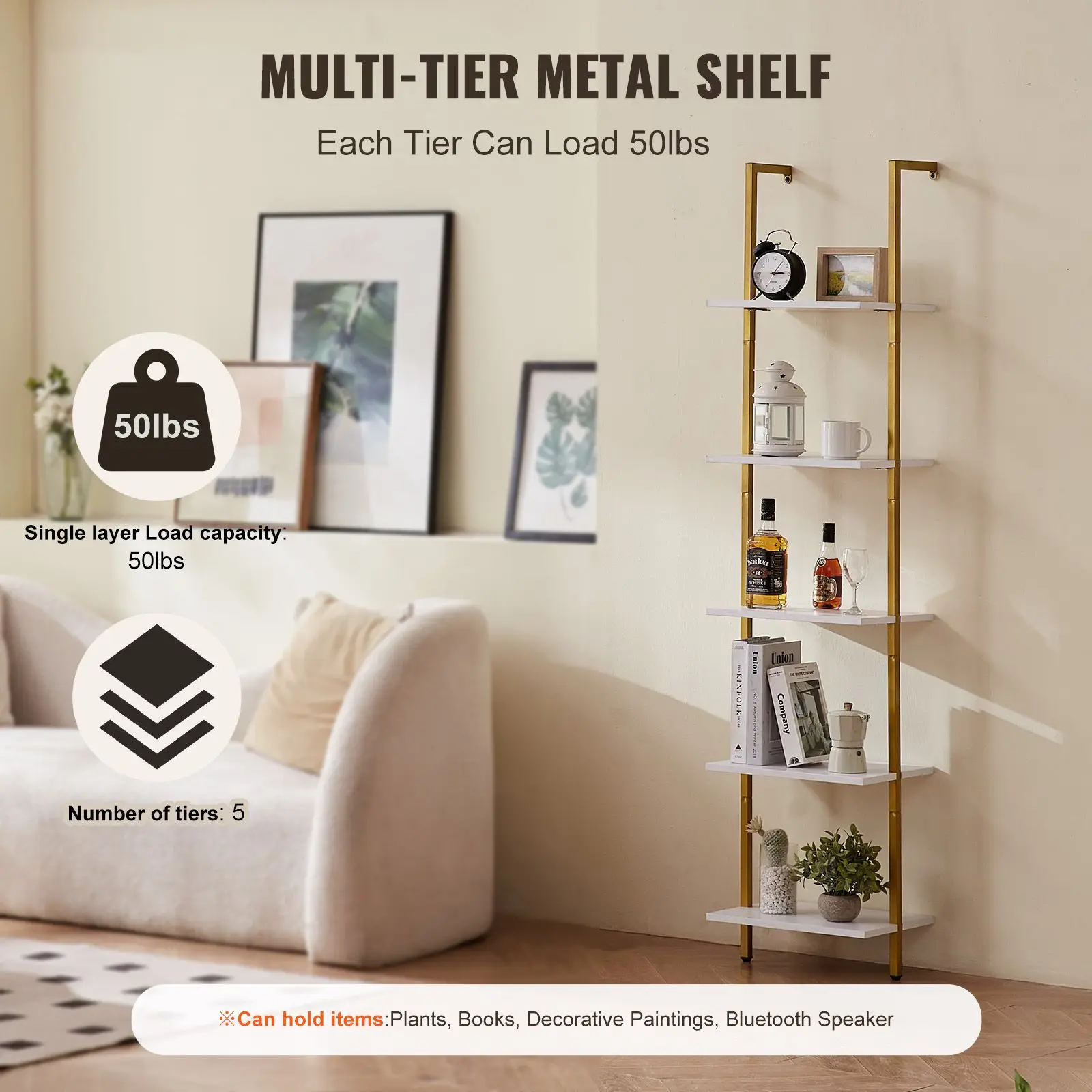 Ladder Shelf, 5-Tier Bookshelf 15.6x11.8in, Open Wall-Mounted Ladder Shelf with Metal Frame,Storage Rack Sundries Holder for Kit