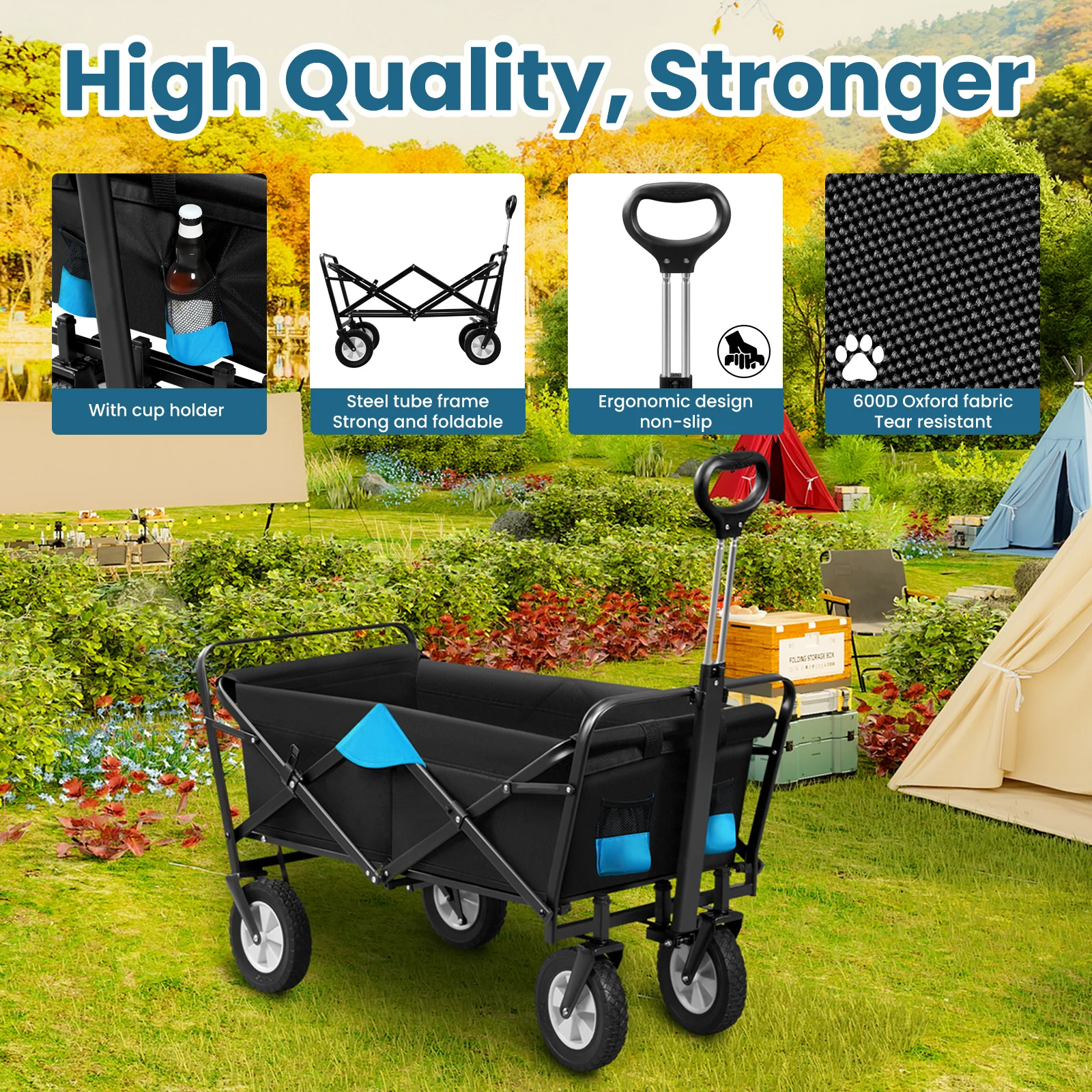 EUGAD Faltbarer 600D Oxford Camping-Trolley mit Griff/Rädern, Klappbarer Picknick- und Strandwagen für Outdoor und Garten – Detail 13