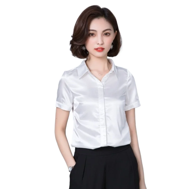 

Simulation Silk Shirt Women's Short Sleeve New Wild Elastic Solid Color Thin Blouse