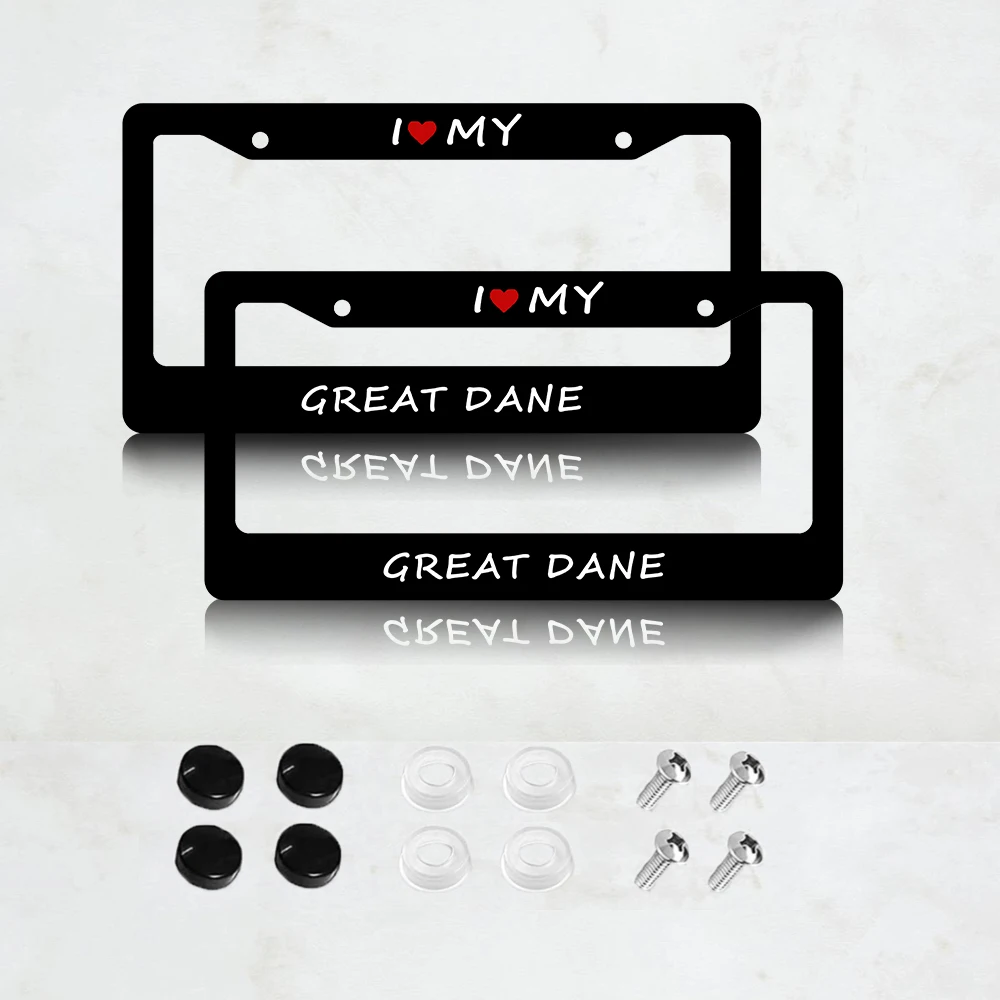 

2PC I Love My Great Dane Aluminum License Plate Frame - 6 x 12 Inch US Standard Size, Decorative Car License Plate Bracket