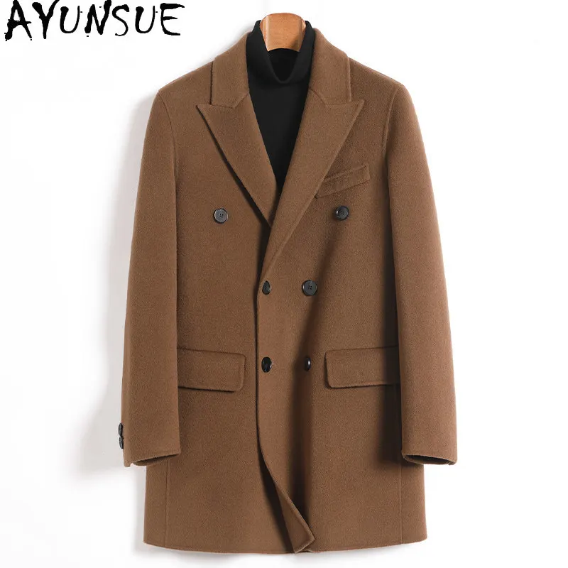 AYUNSUE 100% Wool Coats for Man High Quality Double-sided Woolen Jacket Men Mid-length Fashion Double-breasted Wool Trench Coat