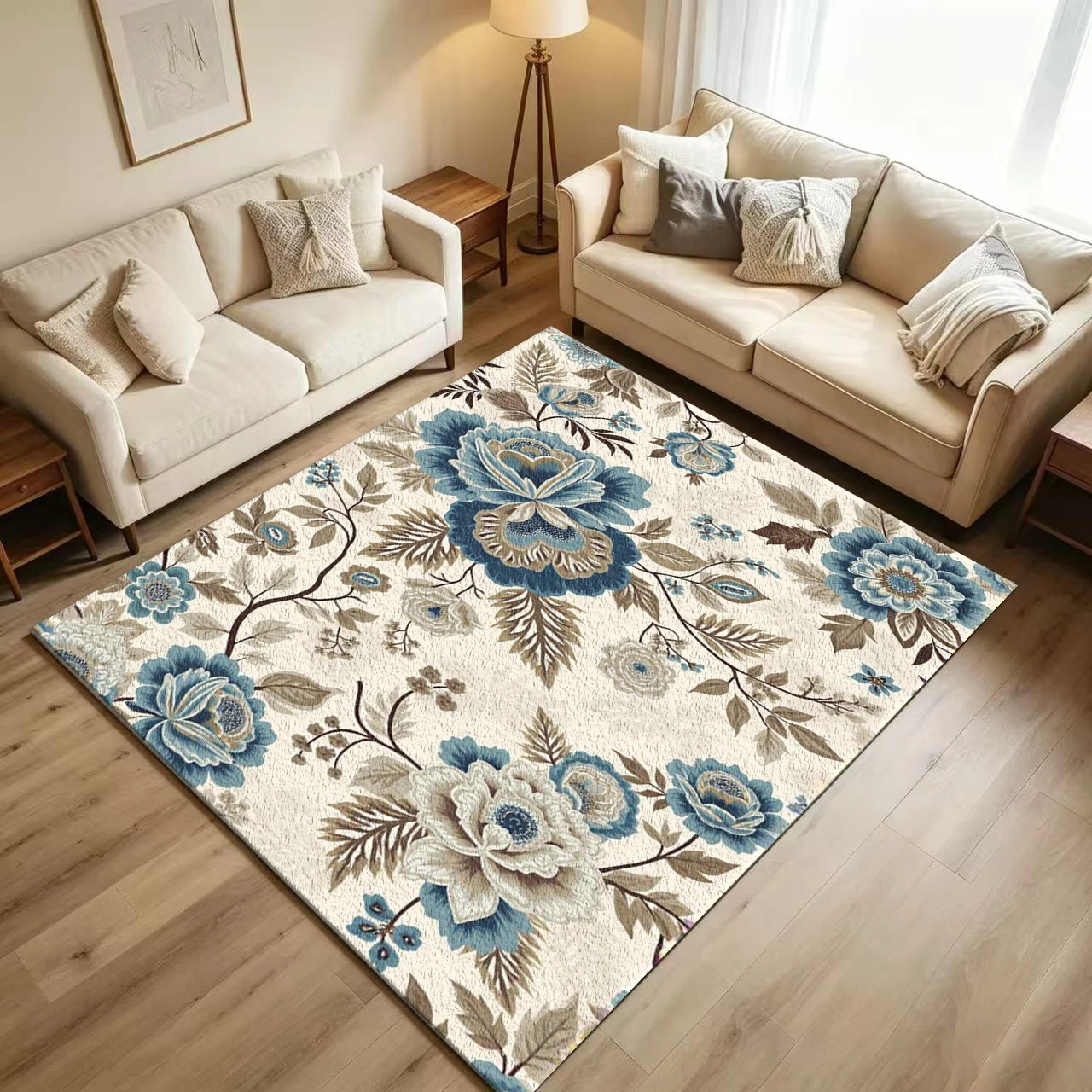 Vintage Blue Peony Floral Carpet Flooring Retro Boho Botanical Flower Leaf Seamless Pattern Printed Floor Rug for Household Indoor Home Country Style Decor