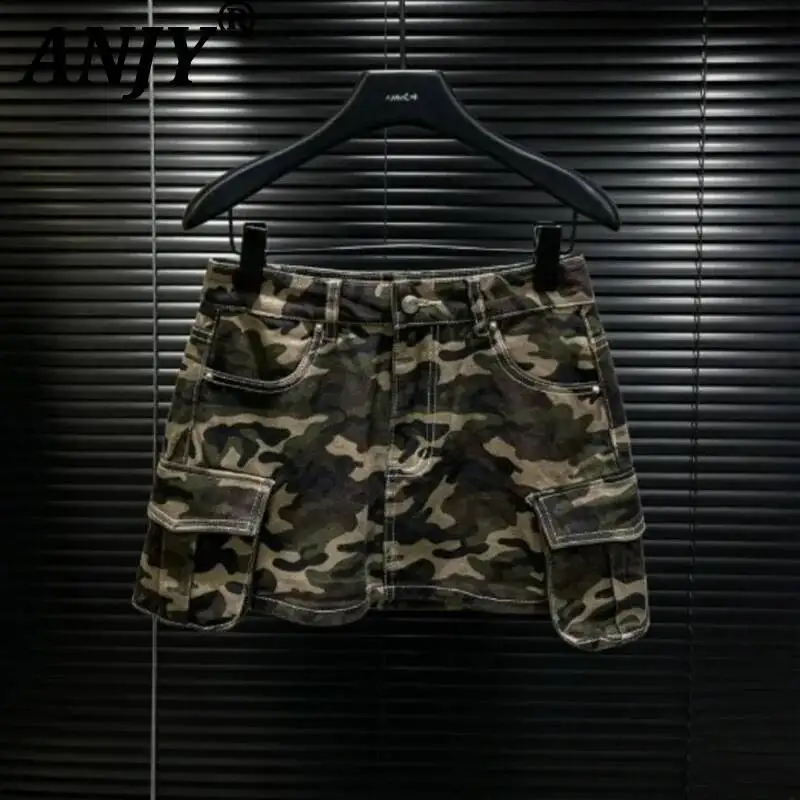 ANJY - Falda Corta de Mezclilla con Estampado de Camuflaje, Estilo Safari, Diseño Delgado, Moderna, Versátil, Informal, con Bolsillos, Línea A, para Mujer, Verano, A23092