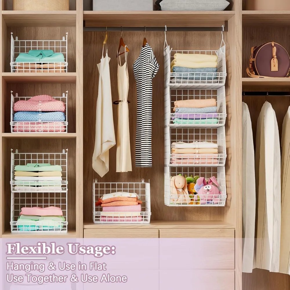 

5 Tier Closet Hanging Organizer, Clothes Hanging Shelves with 4 Hanging Hooks 5 S Hooks, Wire Storage Basket Bins