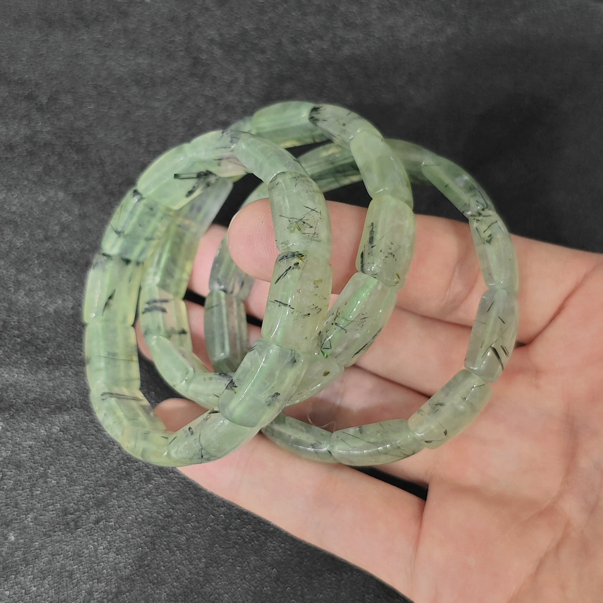 Natural Prehnite Bracelet Gemstone Large Nugget Pebble Beads Black Tourmaline Bangle Cuff Crystal Jewelry Supply 1 Piece