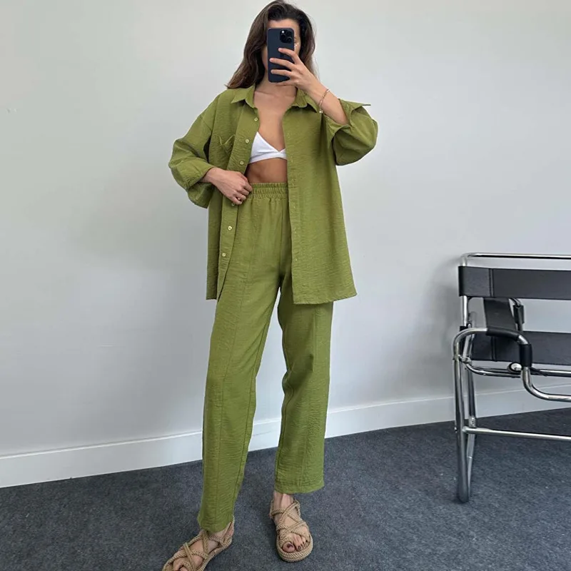 Two Piece Set Solid Long Pant Sets Loose Full Sleeve Shirts Splice Button Tops Casual Drawstring Trousers Elegant Office Lady