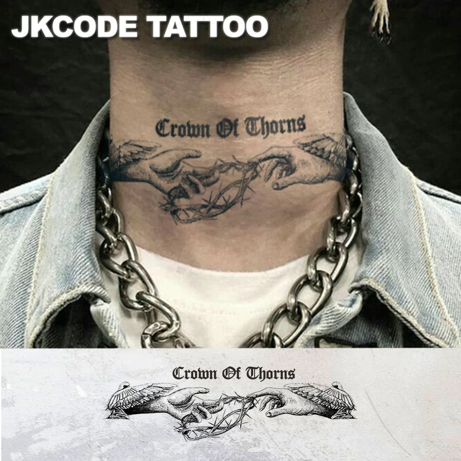 Waterproof Design Semi-permanent Tattoos, Sketch Hands, Thorn Crown Pattern Temporary Tattoos, Vintage Style Herbal Men's Neck Tattoo Stickers - Faith Totem - Temporary Tattoos for Arms and Neck